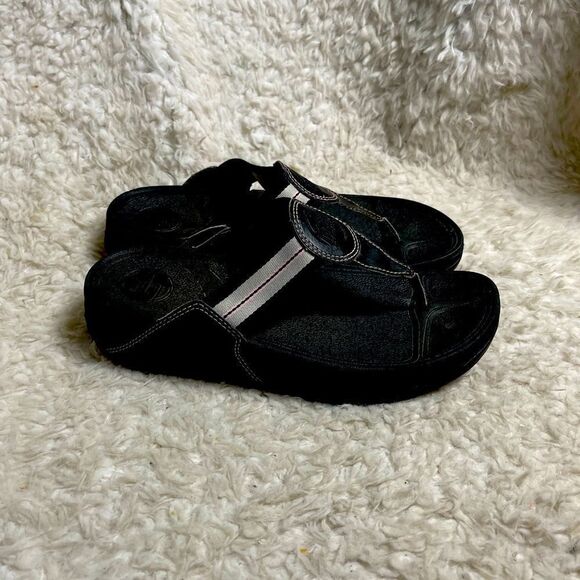 Fitflop black leather and fabric wedge thong sandals size 8 - Picture 2 of 10